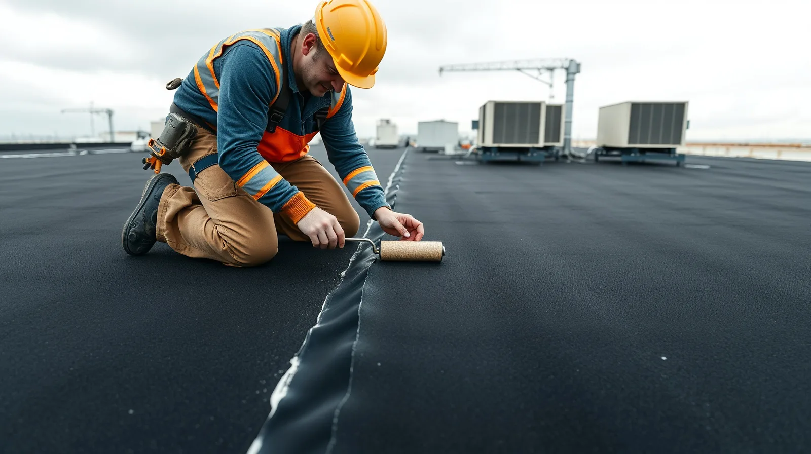 EPDM roofing technician repairing a seam on a commercial rubber membrane roof